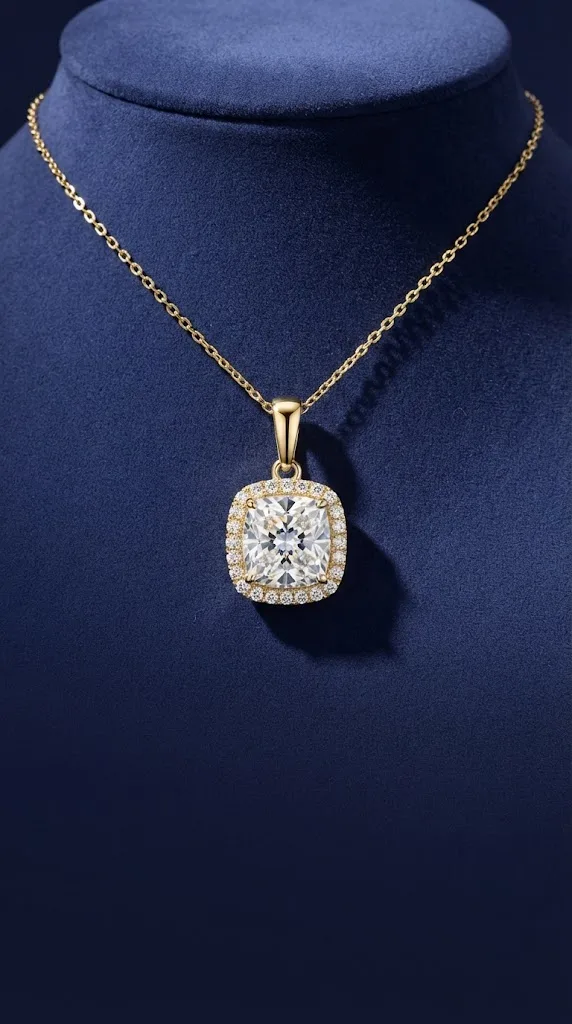 Cushion cut lab grown diamond halo pendant in 14K gold
