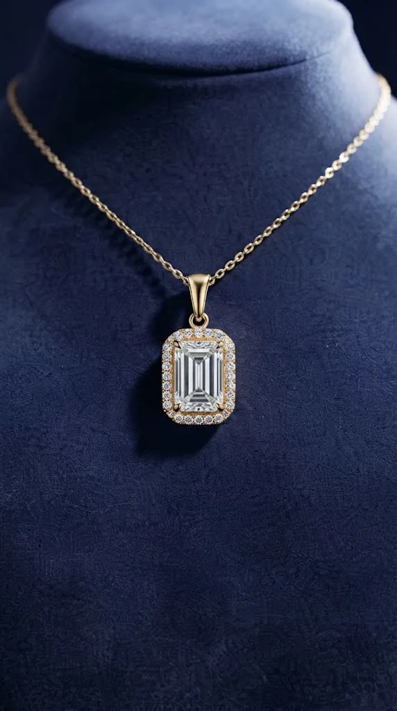 Emerald cut lab grown diamond halo pendant in 14K gold