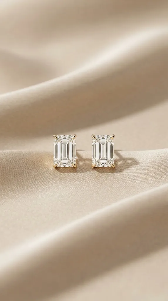 Emerald cut lab grown diamond studs in 14K gold