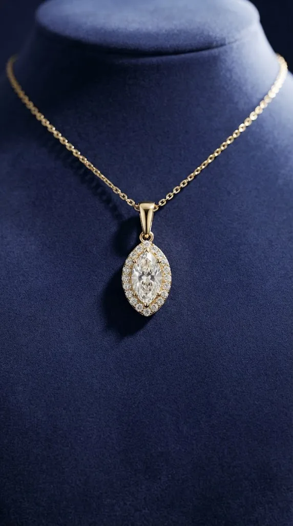 Marquise cut lab grown diamond halo pendant in 14K gold