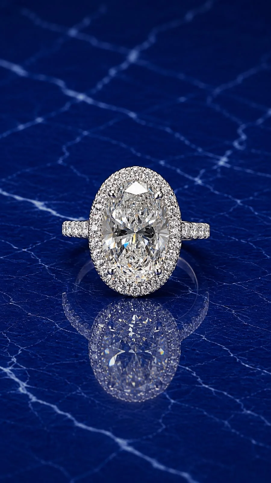 Oval halo engagement ring with an oval-cut lab grown diamond center and halo setting