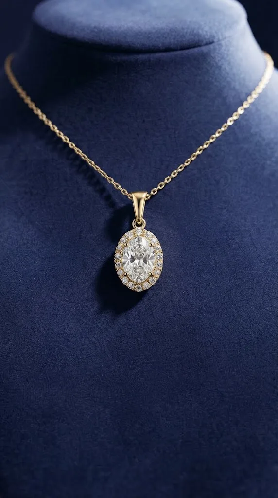 Oval cut lab grown diamond halo pendant in 14K gold