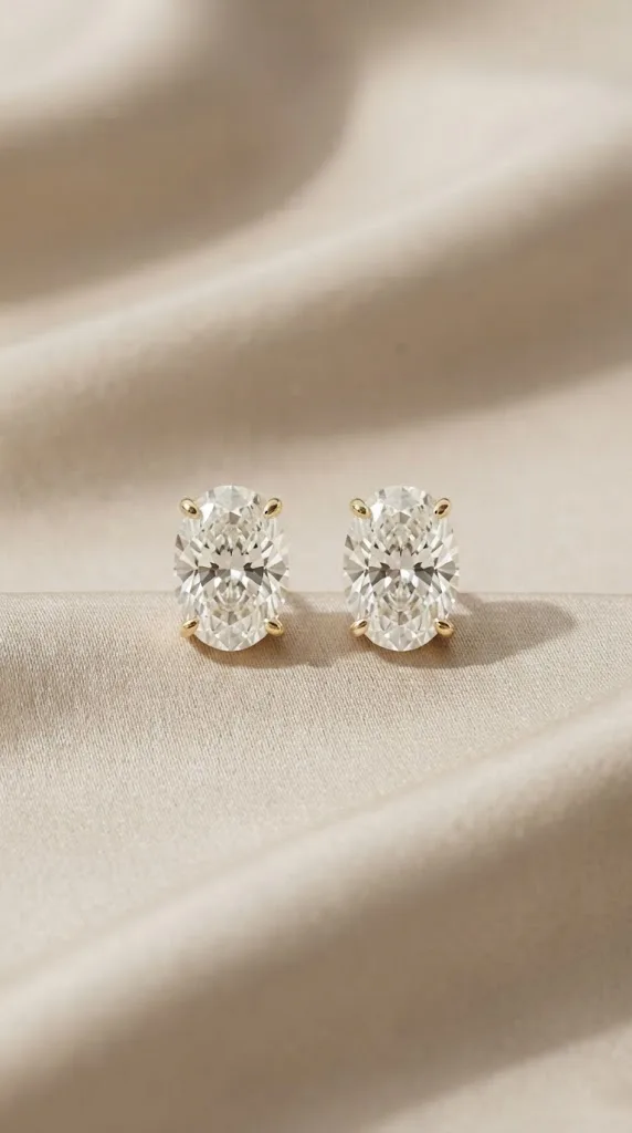 Oval cut lab grown diamond studs in 14K gold