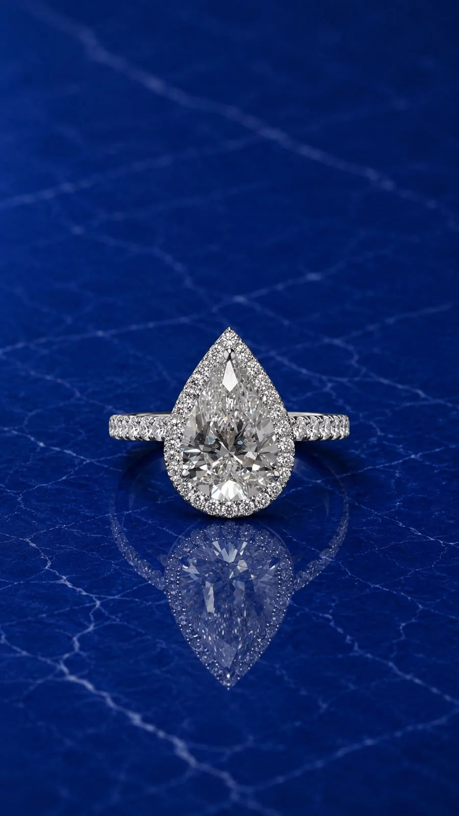 Pear halo engagement ring with a pear-cut lab grown diamond center and diamond halo