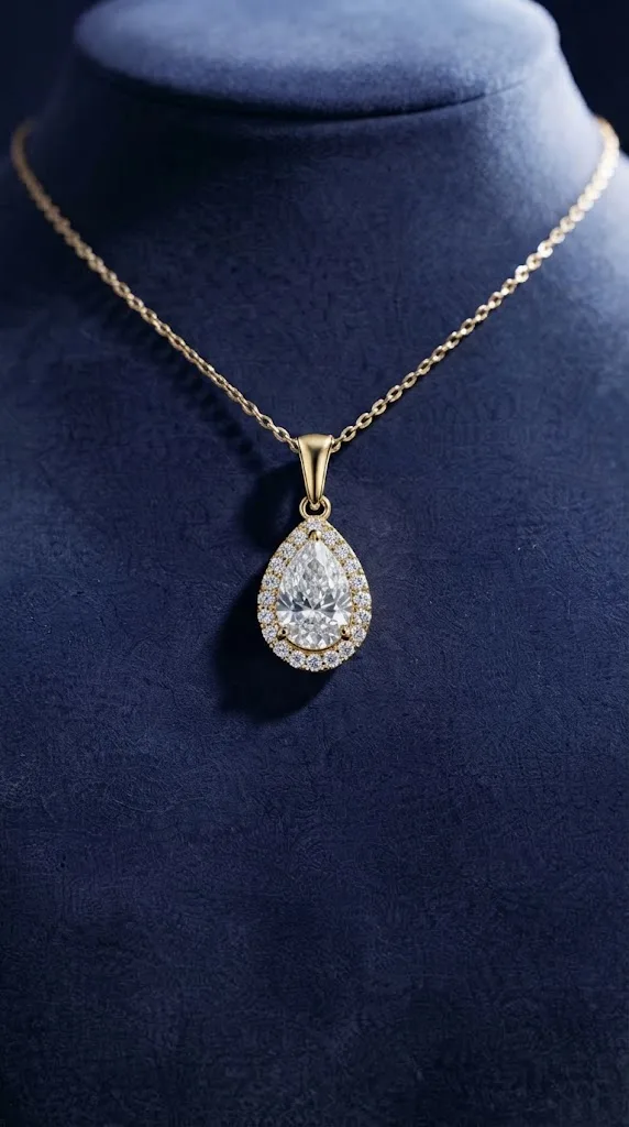 Pear cut lab grown diamond halo pendant in 14K gold