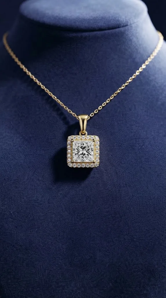 Princess cut lab grown diamond halo pendant in 14K gold