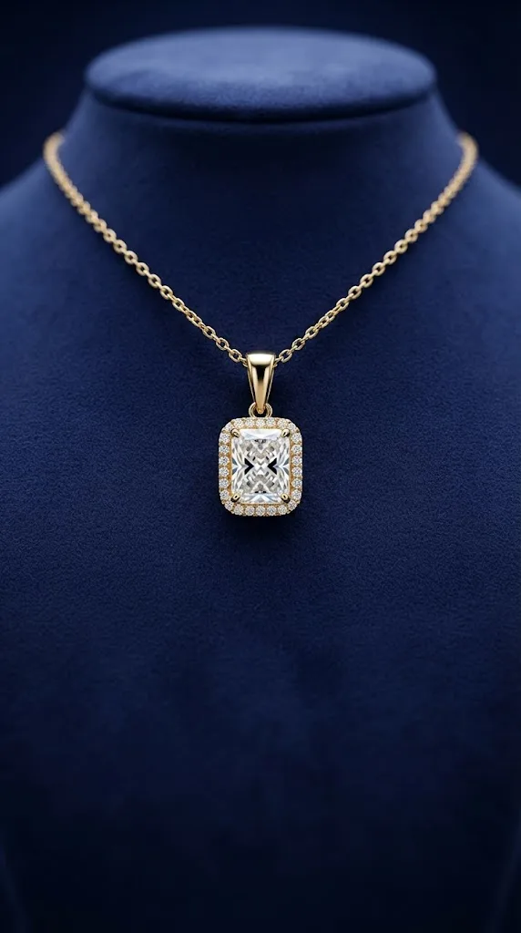 Radiant cut lab grown diamond halo pendant in 14K gold