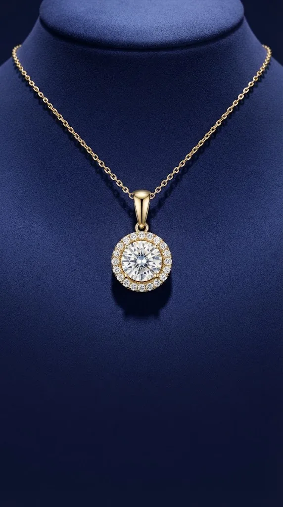 Round cut lab grown diamond halo pendant in 14K gold